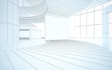 Abstract drawing white interior multilevel public space with window. 3D illustration and rendering.