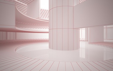 Abstract red drawing white interior multilevel public space with window. 3D illustration and rendering.