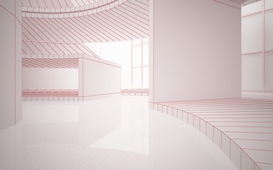 Abstract red drawing white interior multilevel public space with window. 3D illustration and rendering.
