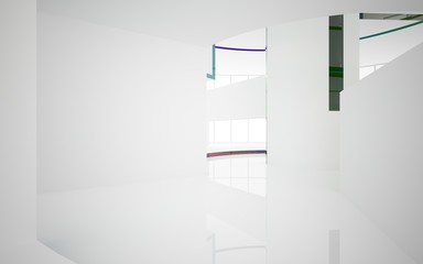 Abstract white and colored gradient glasses interior multilevel public space with window. 3D illustration and rendering.