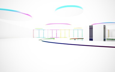 Abstract white and colored gradient glasses interior multilevel public space with window. 3D illustration and rendering.