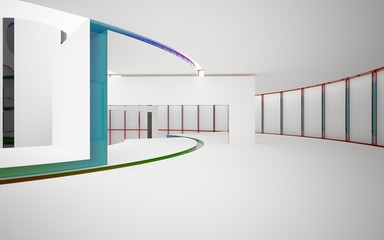 Abstract white and colored gradient glasses interior multilevel public space with window. 3D illustration and rendering.