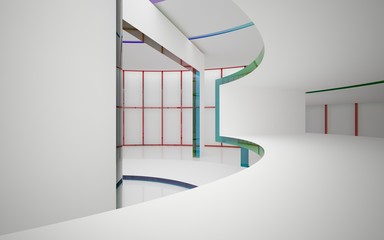 Abstract white and colored gradient glasses interior multilevel public space with window. 3D illustration and rendering.