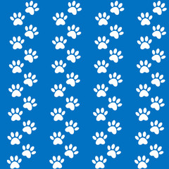 Fototapeta na wymiar Traces of cat textile pattern. Vector seamless paw print seamless pattern. blue background for packing design