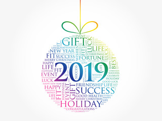 Obraz na płótnie Canvas Happy New Year 2019, Christmas ball word cloud, holidays lettering collage