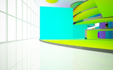 Abstract white and colored gradient  interior multilevel public space with window. 3D illustration and rendering.