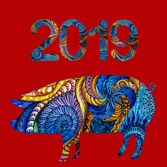 Figures and symbol of 2019 - a pig covered with multicolored ornaments
