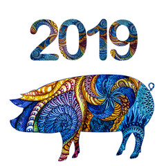 Figures and symbol of 2019 - a pig covered with multicolored ornaments