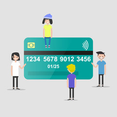 characters near the plastic credit card. Finance. Card payment. Flat design