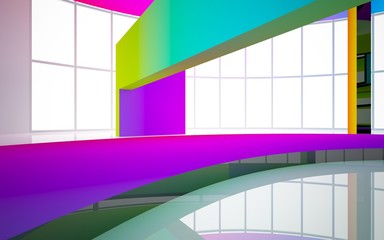 Abstract white and colored gradient  interior multilevel public space with window. 3D illustration and rendering.