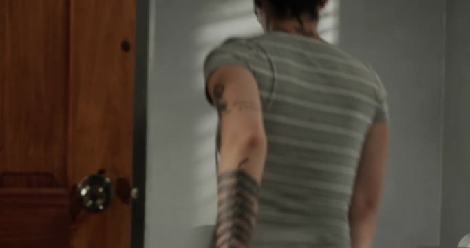 Slow Motion Woman on Toilet Smiling and Feeling Extreme Relief