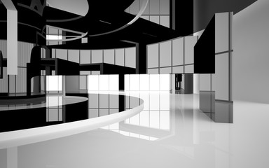 Abstract white and black interior multilevel public space with window. 3D illustration and rendering.