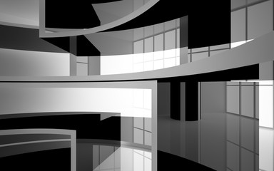 Abstract white and black interior multilevel public space with window. 3D illustration and rendering.