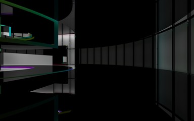 Abstract  black and gradient colored lines interior multilevel public space with window. 3D illustration and rendering.