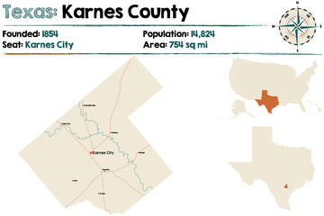 Detailed map of Karnes County in Texas, USA