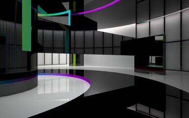 Abstract  black and gradient colored lines interior multilevel public space with window. 3D illustration and rendering.