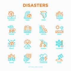 Fototapeta na wymiar Disasters thin line icons set: earthquake, tsunami, tornado, hurricane, flood, landslide, drought, snowfall, eruption, thunderstorm, avalanche, meteorite, wildfire. Modern vector illustration.