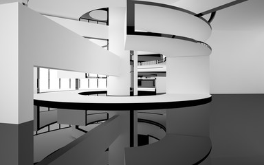 Abstract white and black interior multilevel public space with window. 3D illustration and rendering.