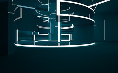 Abstract dark interior multilevel public space with neon lighting. 3D illustration and rendering