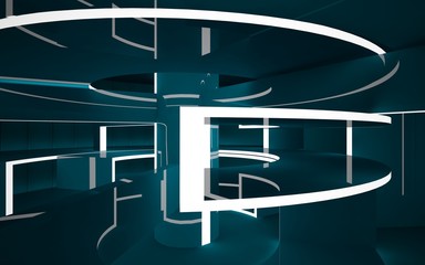 Abstract dark interior multilevel public space with neon lighting. 3D illustration and rendering