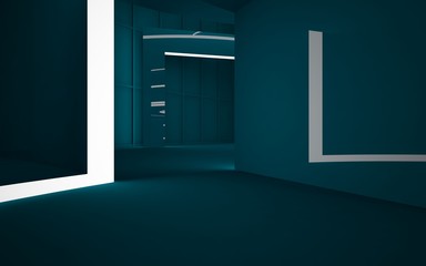 Abstract dark interior multilevel public space with neon lighting. 3D illustration and rendering