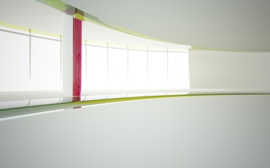 Abstract white and colored gradient glasses interior multilevel public space with window. 3D illustration and rendering.