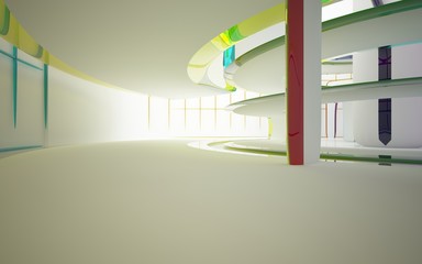 Abstract white and colored gradient glasses interior multilevel public space with window. 3D illustration and rendering.