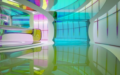 Abstract white and colored gradient glasses interior multilevel public space with window. 3D illustration and rendering.