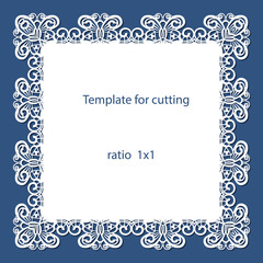 Greeting card with openwork border, paper doily under the cake, template for cutting, wedding invitation, decorative plate is laser cut, vector illustrations.