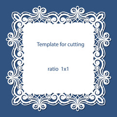 Greeting card with openwork border, paper doily under the cake, template for cutting, wedding invitation, decorative plate is laser cut, vector illustrations.