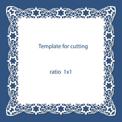 Greeting card with openwork border, paper doily under the cake, template for cutting, wedding invitation, decorative plate is laser cut, vector illustrations.