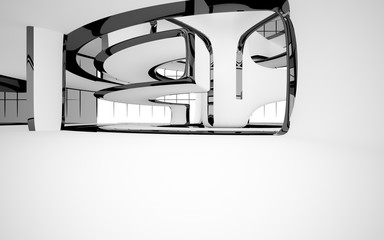 Abstract dynamic interior with white smooth objects and black room . 3D illustration and rendering
