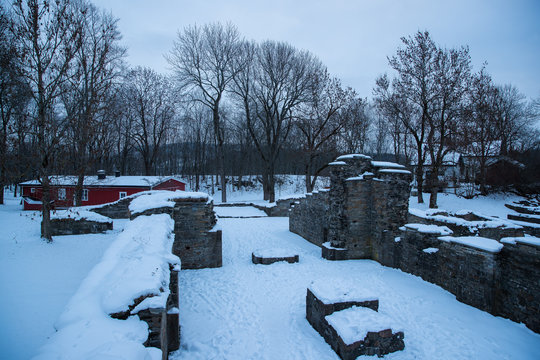 The islands around Oslo Norway during the winter before Christmas, the older settlement and the monument of the inhabitants of the native population