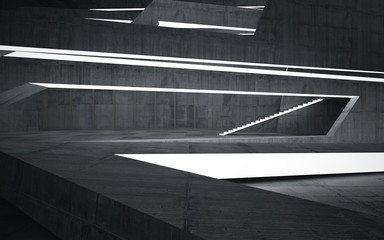 Abstract  concrete interior multilevel public space with neon lighting. 3D illustration and rendering.