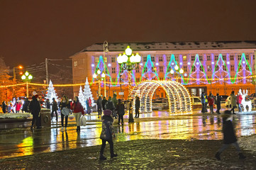 KALININGRAD, RUSSIA. Festive lighting at Victory Square in the evening