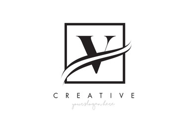 V Letter Logo Design with Square Swoosh Border and Creative Icon Design.