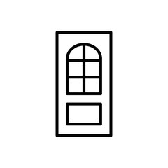 Black & white illustration of closed glass door. Vector line icon. Isolated object