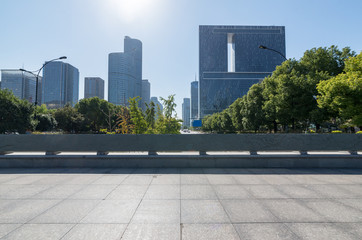 Panoramic skyline and buildings with empty concrete square floor，Qianjiang New Town，hangzhou,china