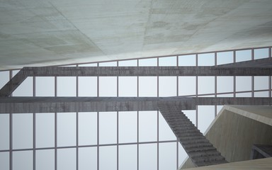 Obraz premium Abstract concrete and wood interior multilevel public space with window. 3D illustration and rendering.
