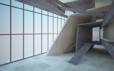 Abstract  concrete and wood interior multilevel public space with window. 3D illustration and rendering.