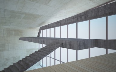 Abstract  concrete and wood interior multilevel public space with window. 3D illustration and rendering.