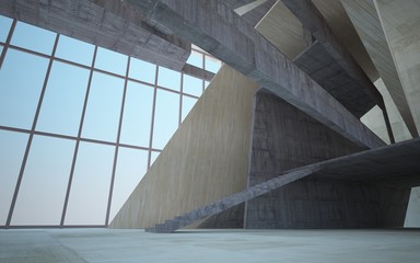 Abstract  concrete and wood interior multilevel public space with window. 3D illustration and rendering.