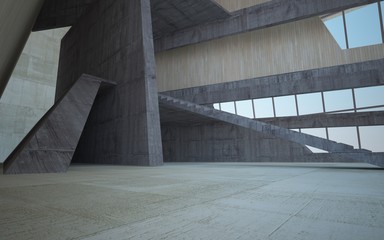 Abstract  concrete and wood interior multilevel public space with window. 3D illustration and rendering.