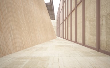 Abstract  concrete and wood interior multilevel public space with window. 3D illustration and rendering.