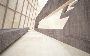 Abstract  concrete and wood interior multilevel public space with window. 3D illustration and rendering.