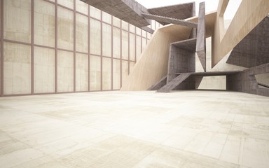 Obraz premium Abstract concrete and wood interior multilevel public space with window. 3D illustration and rendering.