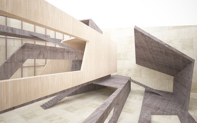 Abstract  concrete and wood interior multilevel public space with window. 3D illustration and rendering.