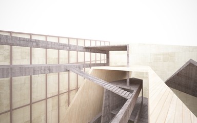 Abstract  concrete and wood interior multilevel public space with window. 3D illustration and rendering.