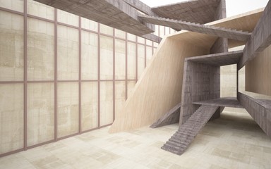 Abstract  concrete and wood interior multilevel public space with window. 3D illustration and rendering.