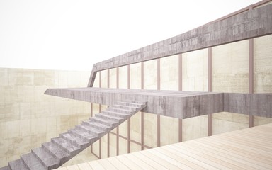 Abstract  concrete and wood interior multilevel public space with window. 3D illustration and rendering.